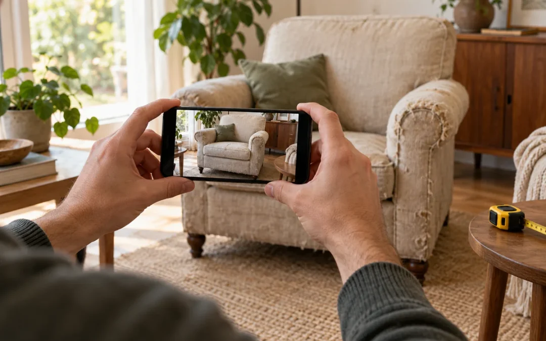 Fotografía de un sillón con el móvil para solicitar presupuesto de tapicería