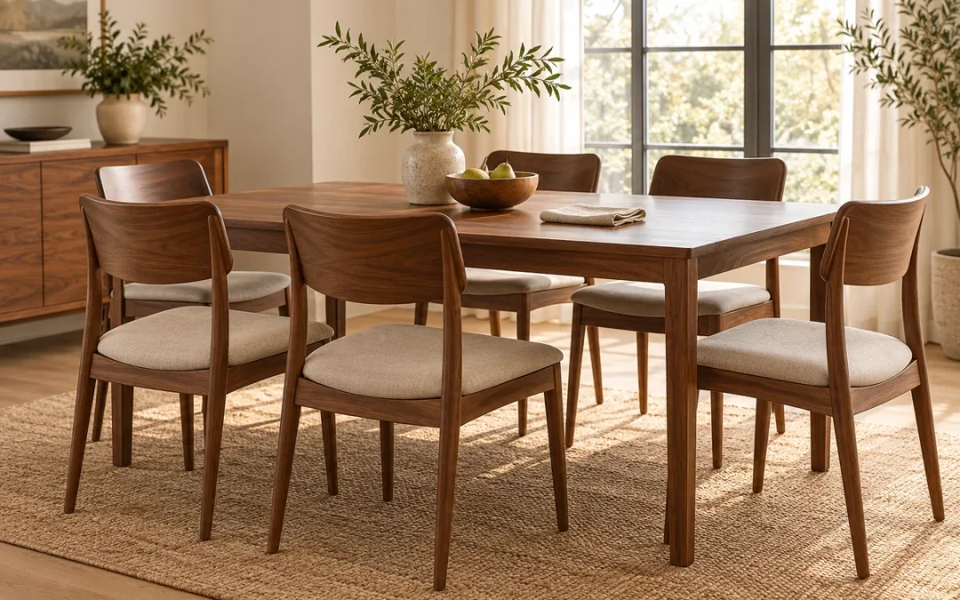 Seis sillas de comedor de madera con asientos tapizados en tela beige