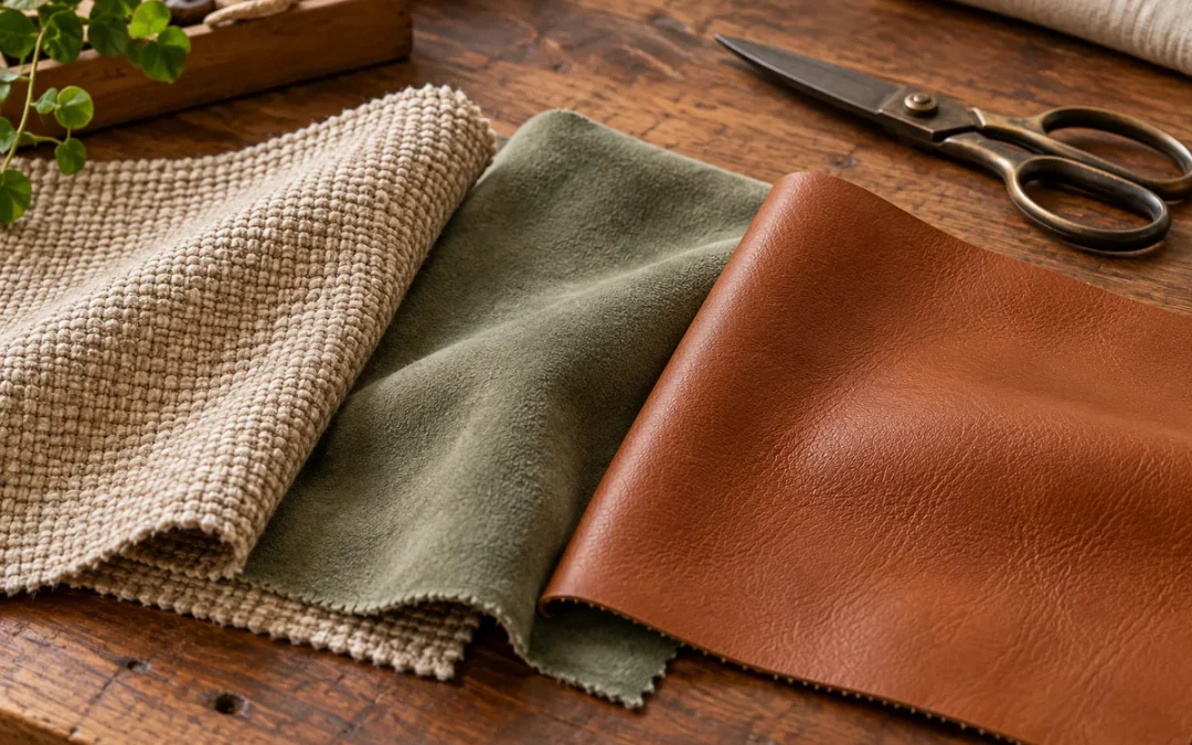 Muestras de tela beige, microfibra verde y polipiel marrón para tapizar muebles